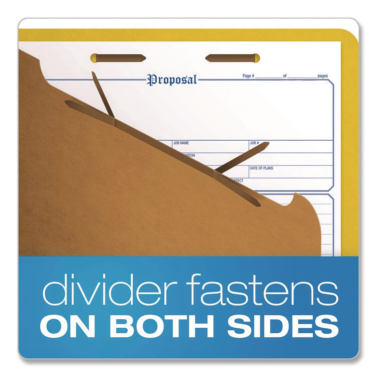 Reinforced Pressboard Classification Folders, 1.75" Expansion, 1 Divider, 4 Fasteners, Letter Size, Yellow Exterior, 10/Box