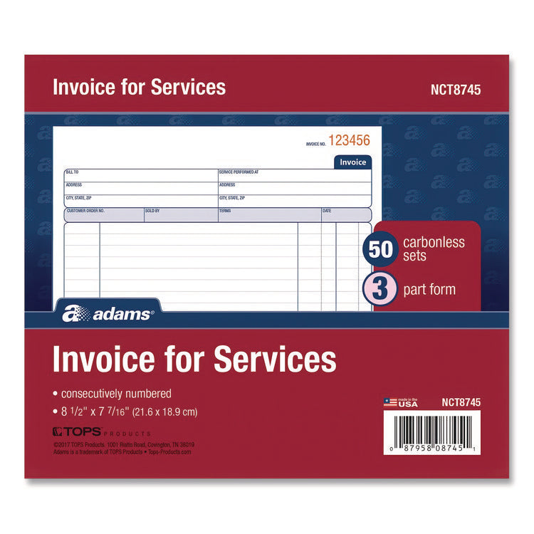Multipart Service Invoice Pad, Three-Part Carbonless, 8.5 x 6.94, 50 Forms Total