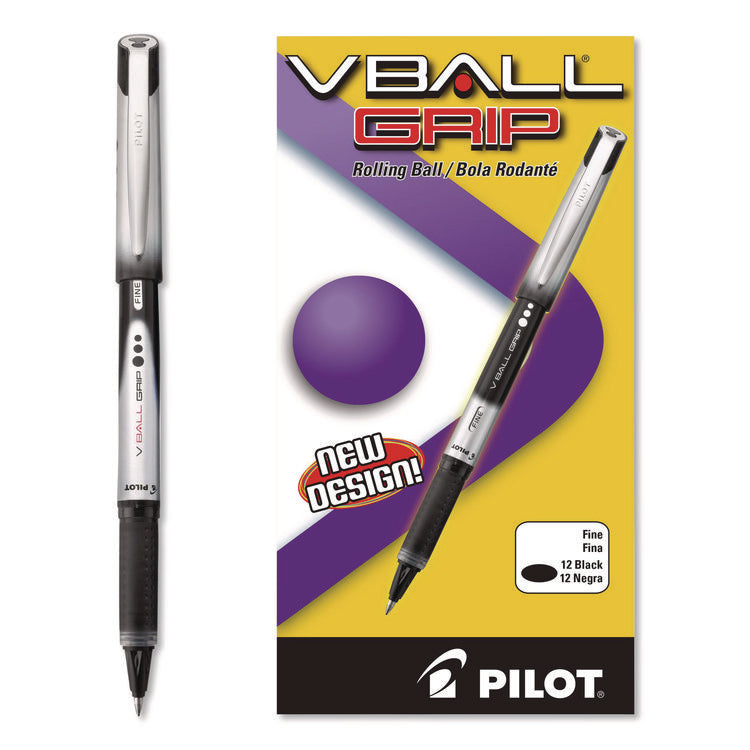 VBall Grip Liquid Ink Rollerball Pen, Stick, Fine 0.7 mm, Black Ink, Black/Silver Barrel, Dozen