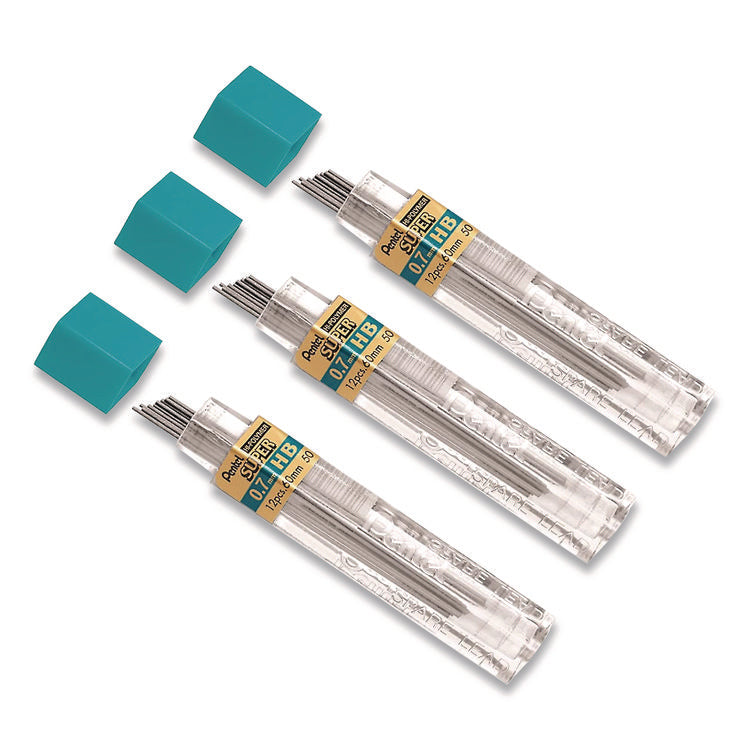 Super Hi-Polymer Lead Refill, 0.7 mm, HB, Black, 12 Leads/Tube, 3 Tubes/Pack