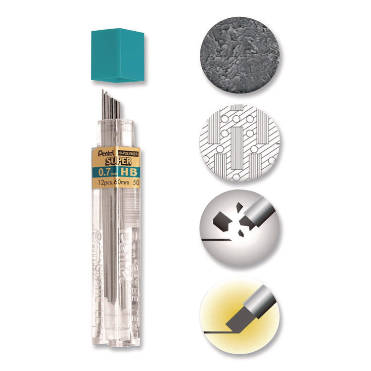Super Hi-Polymer Lead Refill, 0.7 mm, HB, Black, 12 Leads/Tube, 3 Tubes/Pack