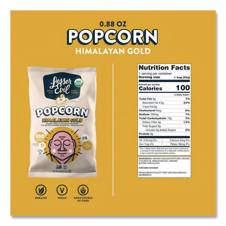 Snack Organic Himalayan Gold Popcorn, 0.88 oz Bag, 18/Carton