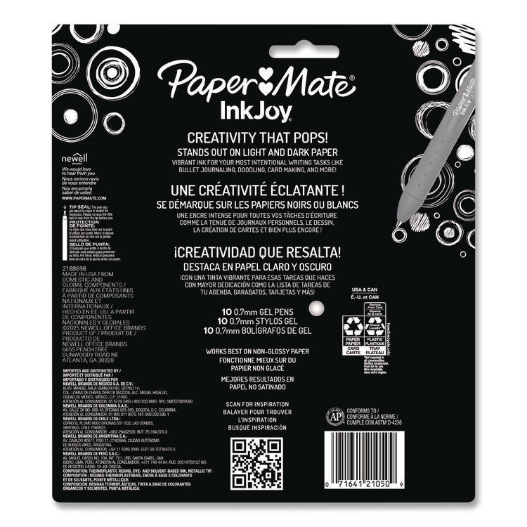 InkJoy Gel Bright Gel Pen, Retractable, Medium 0.7 mm, Assorted Ink, Assorted Barrel, 10/Pack