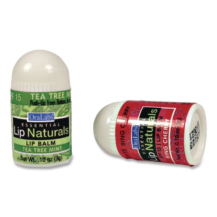 Assorted Flavors Lip Balm, Bing Cherry, Tea Tree Mint, Vanilla Bean, 0.1 oz Tube, 100/Box