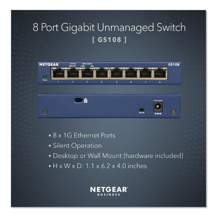 Unmanaged Gigabit Ethernet Switch, 16 Gbps Bandwidth, 192 Kb Buffer, 8 Ports