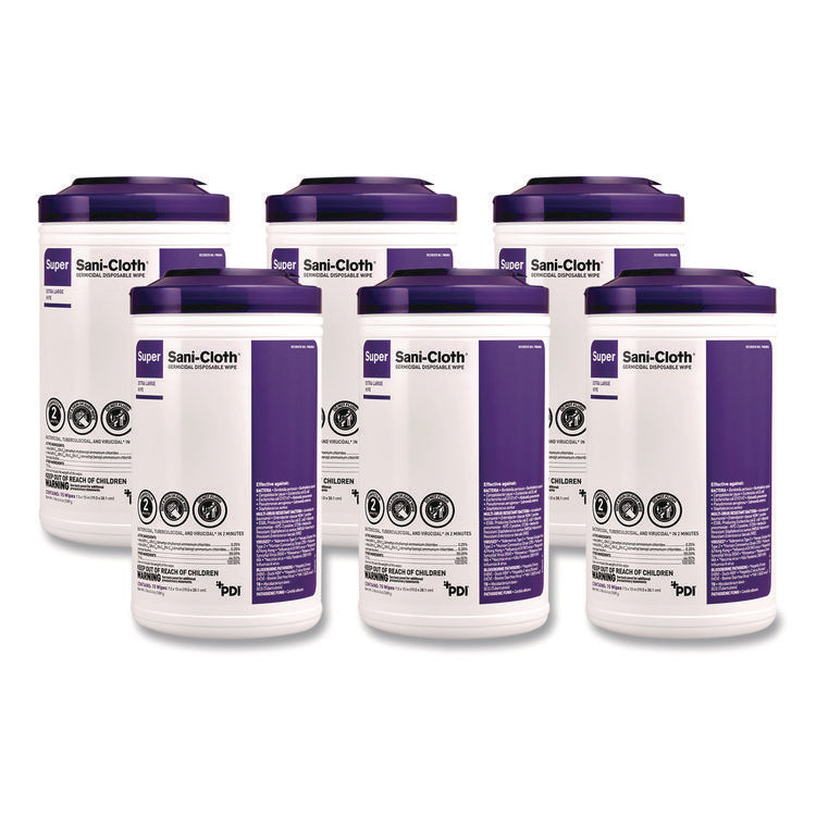 Super Sani-Cloth Disinfecting Wipes, 15 x 7.5, Unscented, White, 75 Wipes/Canister, 6/Carton