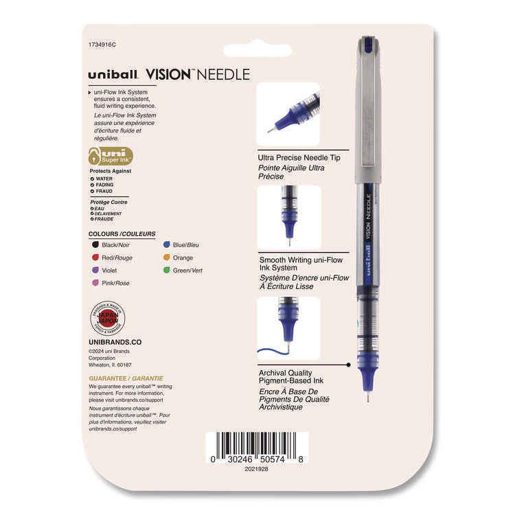 VISION Needle Rollerball Pen, Stick, Fine 0.7 mm, Assorted Ink and Barrel Colors, 8/Pack