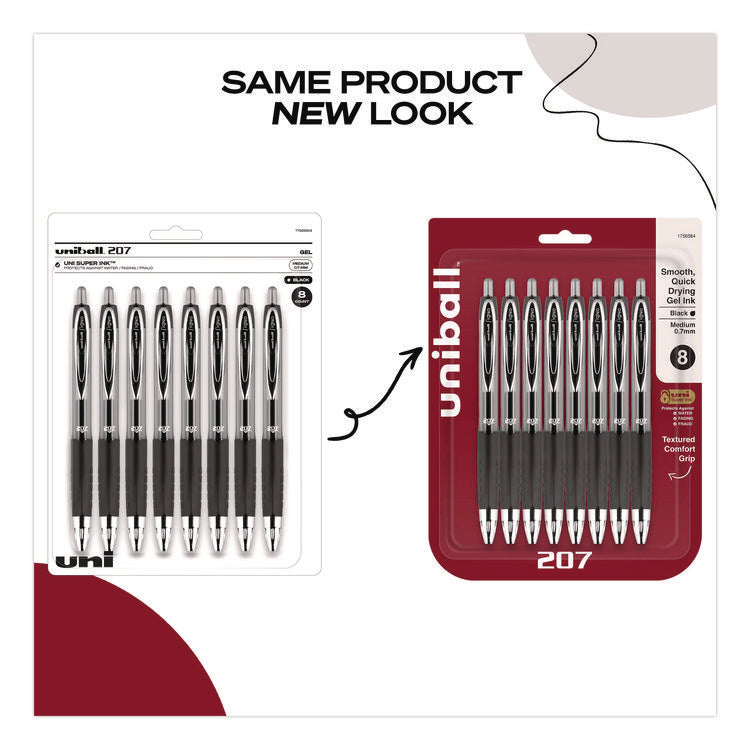 Signo 207 Gel Pen, Retractable, Medium 0.7 mm, Black Ink, Clear/Black Barrel, 8/Pack