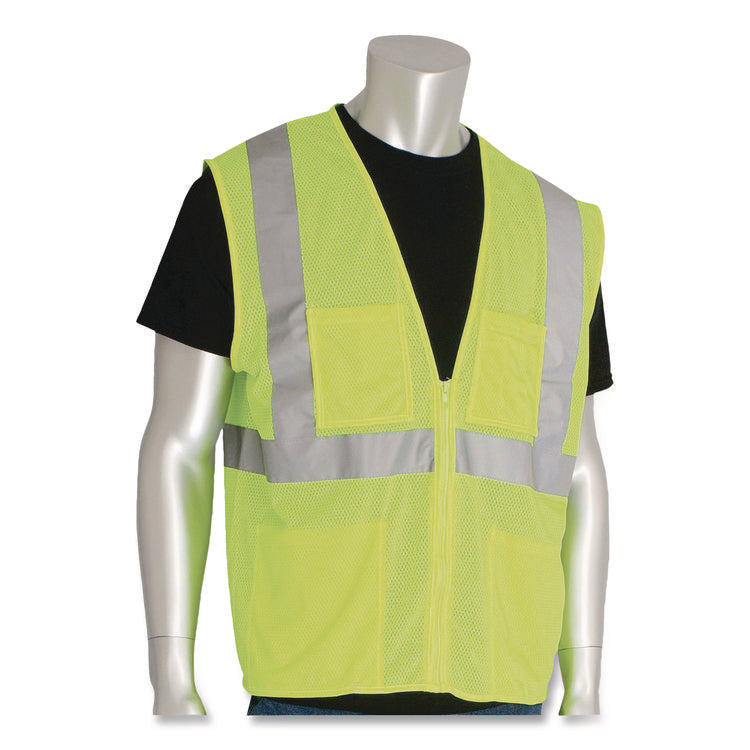 ANSI Class 2 Four Pocket Zipper Safety Vest, Polyester Mesh, Large, Hi-Viz Lime Yellow
