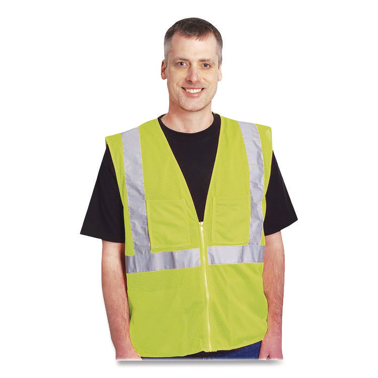 ANSI Class 2 Two-Pocket Zipper Mesh Safety Vest, 2X-Large, Hi-Viz Lime Yellow