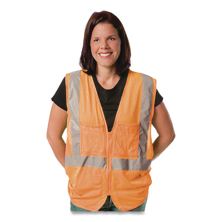 ANSI Class 2 Two-Pocket Zipper Mesh Safety Vest, Polyester Mesh, Large, Orange