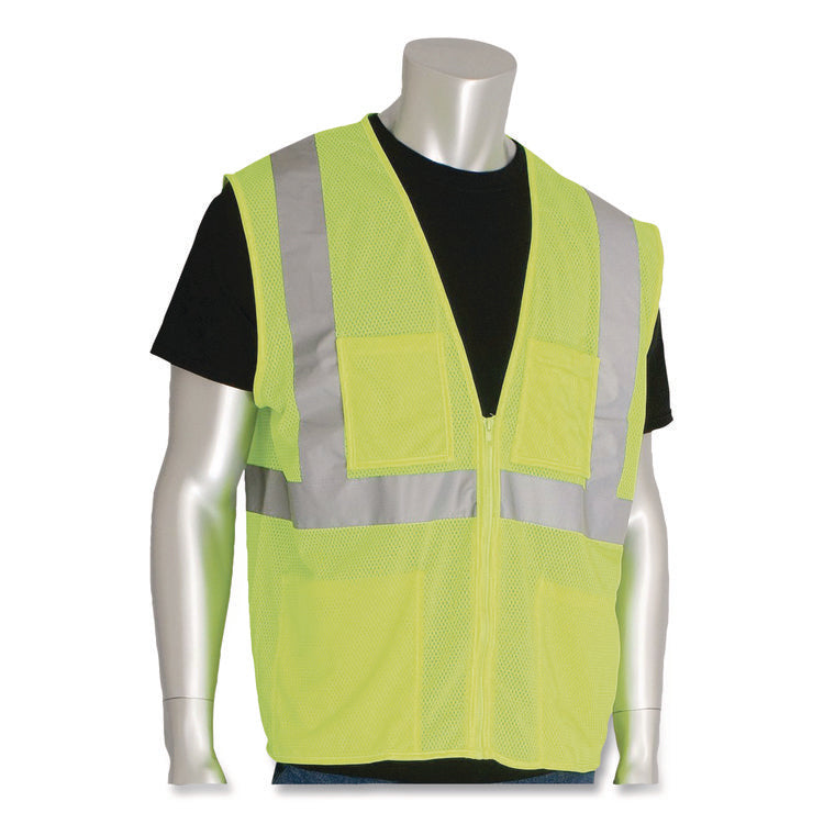ANSI Class 2 Four Pocket Zipper Safety Vest, Polyester Mesh, X-Large, Hi-Viz Lime Yellow