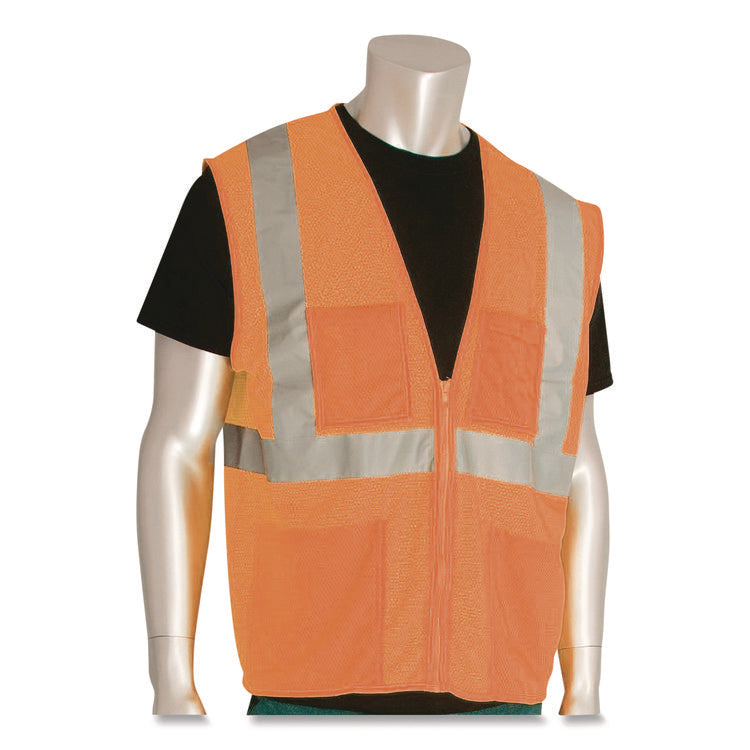 ANSI Class 2 Four Pocket Zipper Safety Vest, Polyester Mesh, Large, Hi-Viz Orange