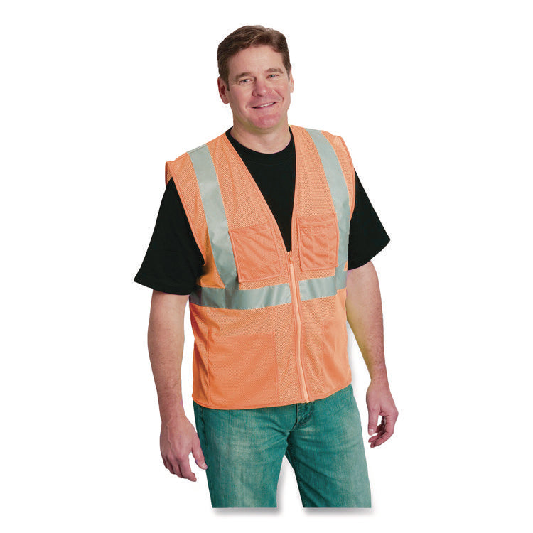 ANSI Class 2 Four Pocket Zipper Safety Vest, Polyester Mesh, Large, Hi-Viz Orange