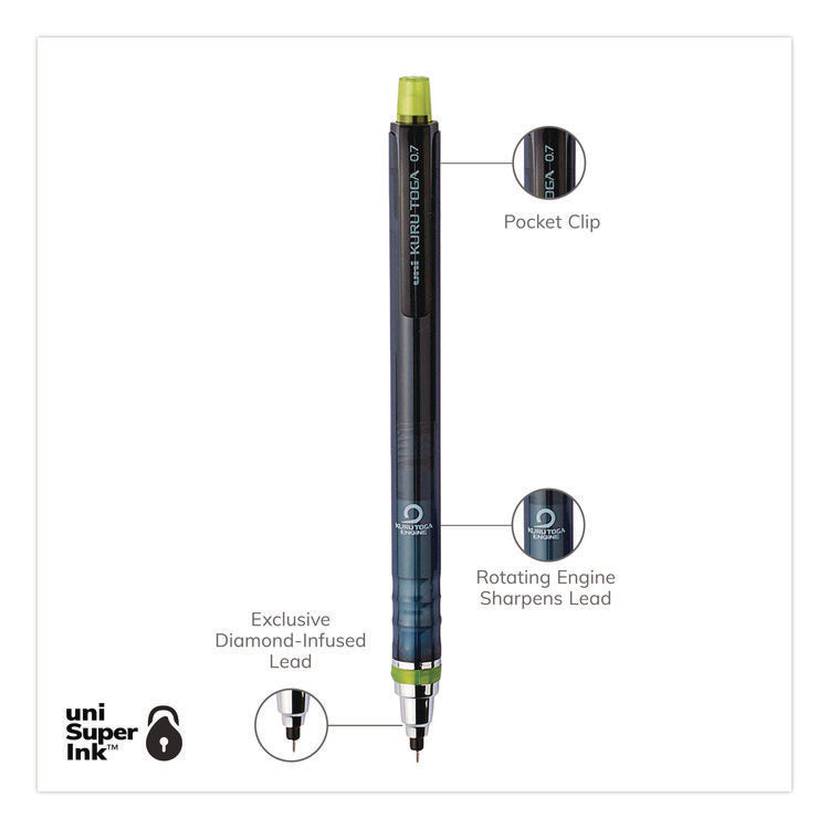 KuruToga Mechanical Pencil with Tube of Diamond Lead, 0.7 mm, HB (#2), Black Lead, Black/Green Barrel