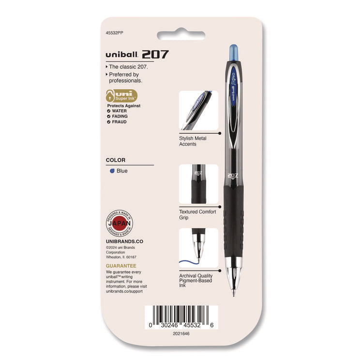 Signo 207 Gel Pen, Retractable, Medium 0.7 mm, Blue Ink, Smoke/Black/Blue Barrel, 4/Pack