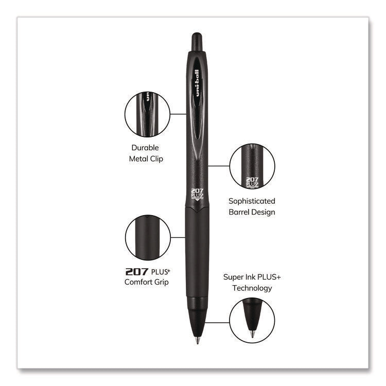 207 Plus+ Gel Pen, Retractable, Medium 0.7 mm, Black Ink, Black Barrel, 4/Pack