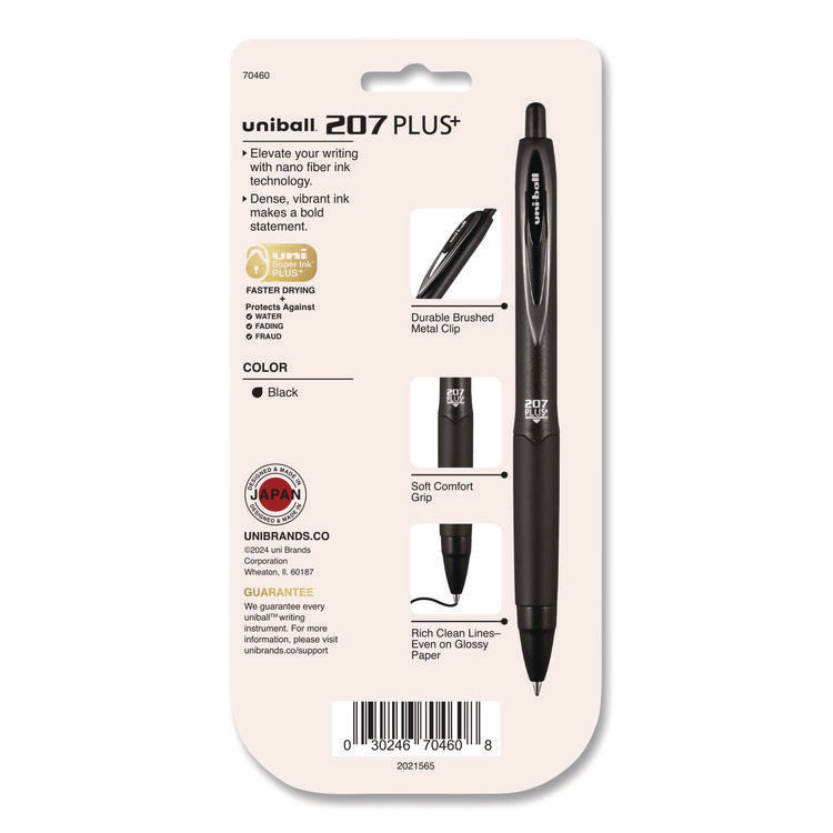207 Plus+ Gel Pen, Retractable, Medium 0.7 mm, Black Ink, Black Barrel, 4/Pack