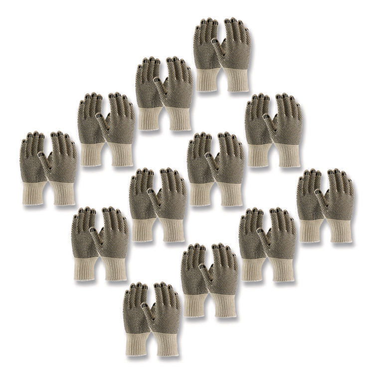 PVC-Dotted Cotton/Polyester Work Gloves, Reversible, Small, Beige/Black, 12 Pairs