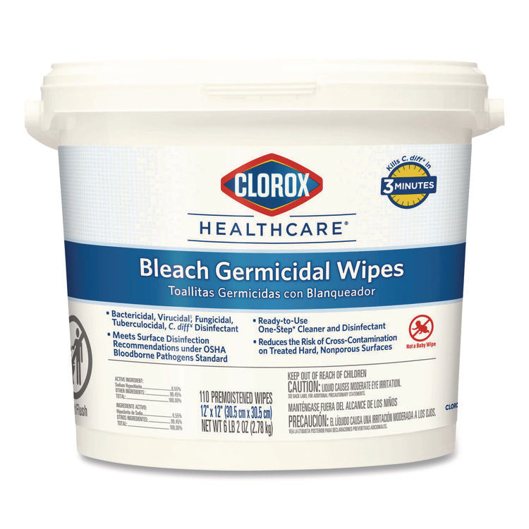 Bleach Germicidal Wipes, 1-Ply, 12 x 12, Unscented, White, 110/Bucket