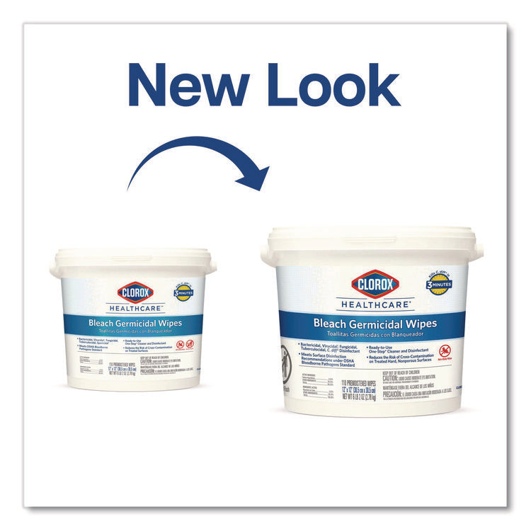 Bleach Germicidal Wipes, 1-Ply, 12 x 12, Unscented, White, 110/Bucket, 2 Buckets/Carton