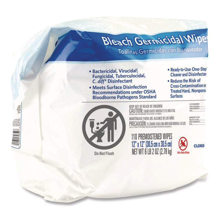 Bleach Germicidal Wipes, Refill for Bucket, 1-Ply, 12 x 12, Unscented, White, 110/Pouch