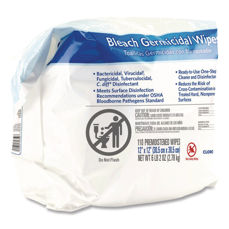 Bleach Germicidal Wipes, 1-Ply, 12 x 12, Unscented, White, 110/Refill, 2 Refills/Carton