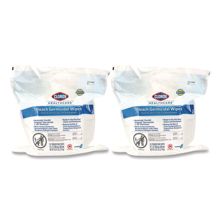 Bleach Germicidal Wipes, 1-Ply, 12 x 12, Unscented, White, 110/Refill, 2 Refills/Carton