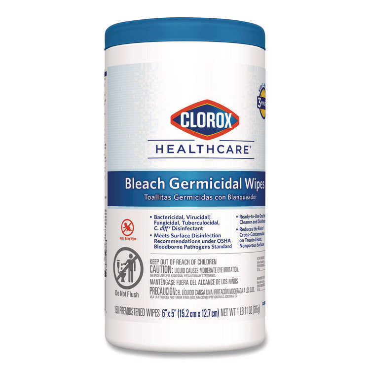 Bleach Germicidal Wipes, 1-Ply, 6 x 5, Unscented, White, 150/Canister