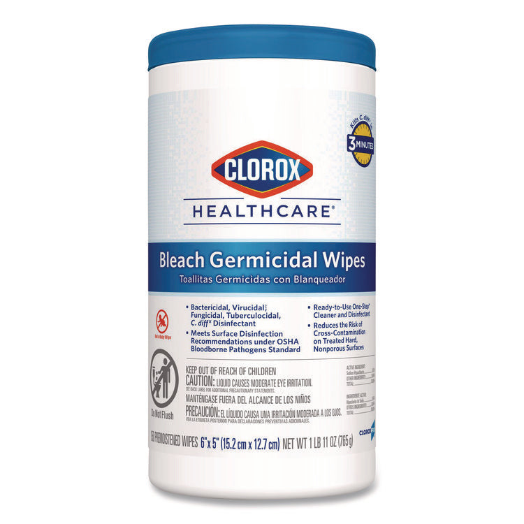 Bleach Germicidal Wipes, 1-Ply, 6 x 5, Unscented, White, 150/Canister