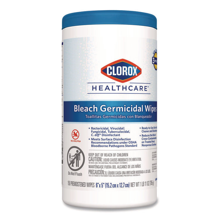 Bleach Germicidal Wipes, 1-Ply, 6 x 5, Unscented, White, 150/Canister, 6 Canisters/Carton