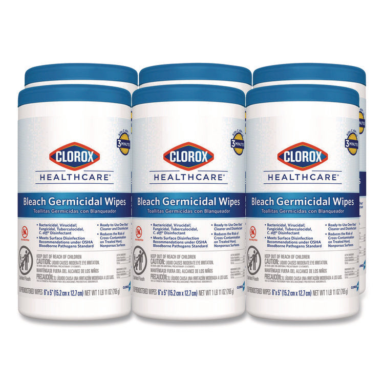 Bleach Germicidal Wipes, 1-Ply, 6 x 5, Unscented, White, 150/Canister, 6 Canisters/Carton