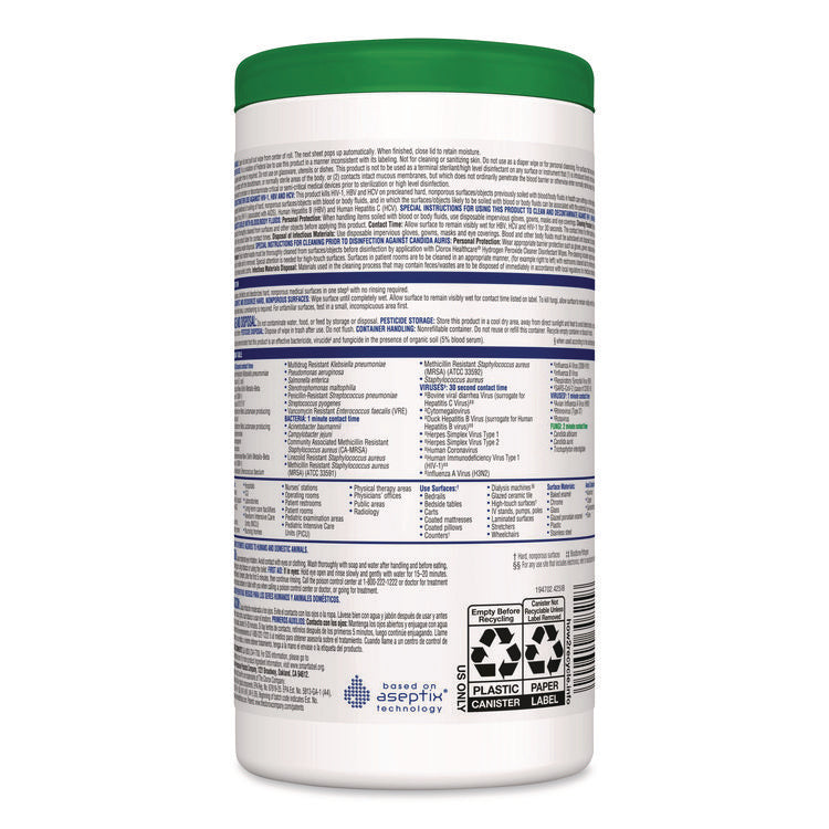 Hydrogen Peroxide Cleaner Disinfectant Wipes, 6.75 x 5.75, Unscented, 155 Wipes/Canister