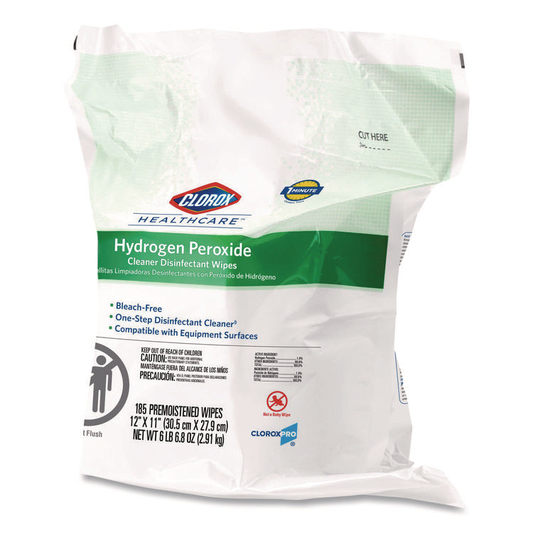 Hydrogen Peroxide Cleaner Disinfectant Wipes, 12 x 11, Unscented, White, 185/Pack, 2 Packs/Carton
