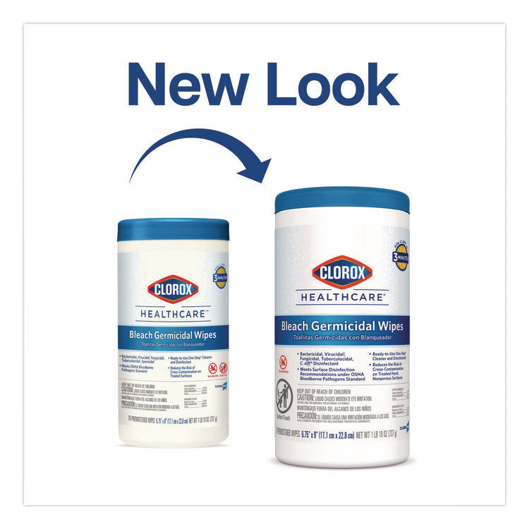 Bleach Germicidal Wipes, 1-Ply, 6.75 x 9, Unscented, White, 70/Canister