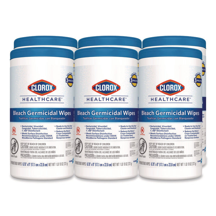 Bleach Germicidal Wipes, 1-Ply, 6.75 x 9, Unscented, White, 70/Canister, 6 Canisters/Carton