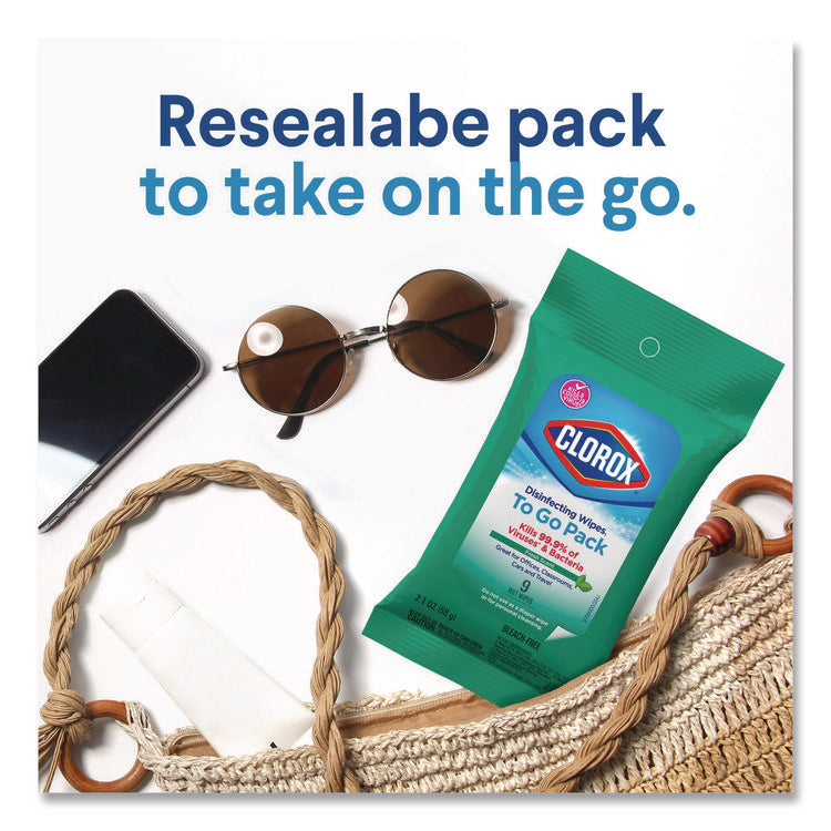 Disinfecting Wipes, On the Go Bleach Free Travel Wipes, 1-Ply, 6.53 x 2.79, Fresh Scent, White, 9/Pack, 24 Packs/Carton