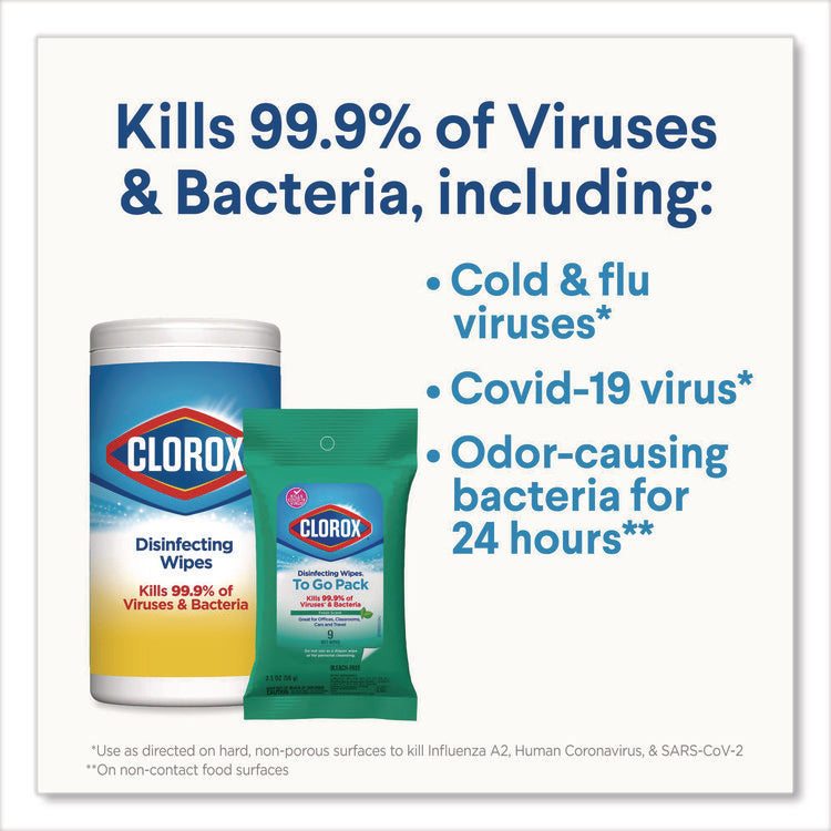 Disinfecting Wipes, On the Go Bleach Free Travel Wipes, 1-Ply, 6.53 x 2.79, Fresh Scent, White, 9/Pack, 24 Packs/Carton