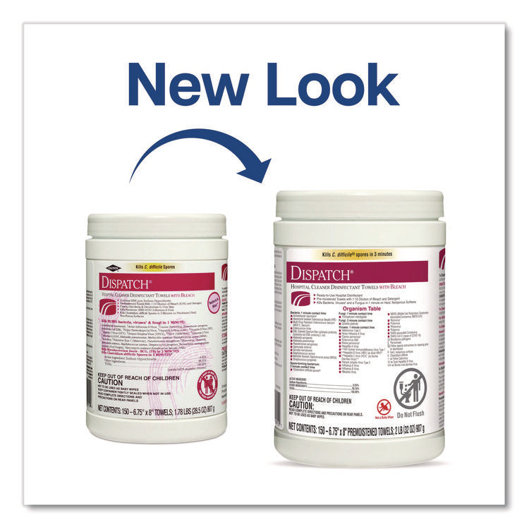 Dispatch Hospital Cleaner Disinfectant Towels w/Bleach, 1-Ply, 6.75 x 8, Unscented, White, 150/Canister, 8 Canisters/Carton