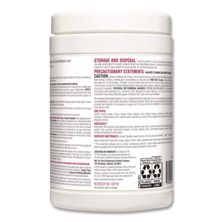 Dispatch Hospital Cleaner Disinfectant Towels w/Bleach, 1-Ply, 6.75 x 8, Unscented, White, 150/Canister, 8 Canisters/Carton