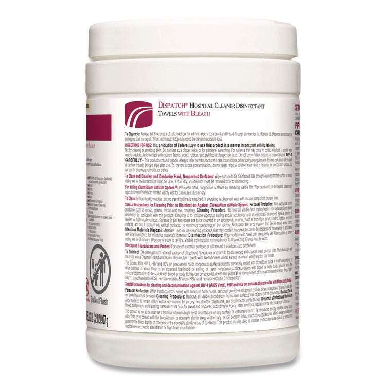 Dispatch Hospital Cleaner Disinfectant Towels w/Bleach, 1-Ply, 6.75 x 8, Unscented, White, 150/Canister, 8 Canisters/Carton