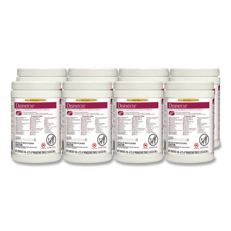 Dispatch Hospital Cleaner Disinfectant Towels w/Bleach, 1-Ply, 6.75 x 8, Unscented, White, 150/Canister, 8 Canisters/Carton