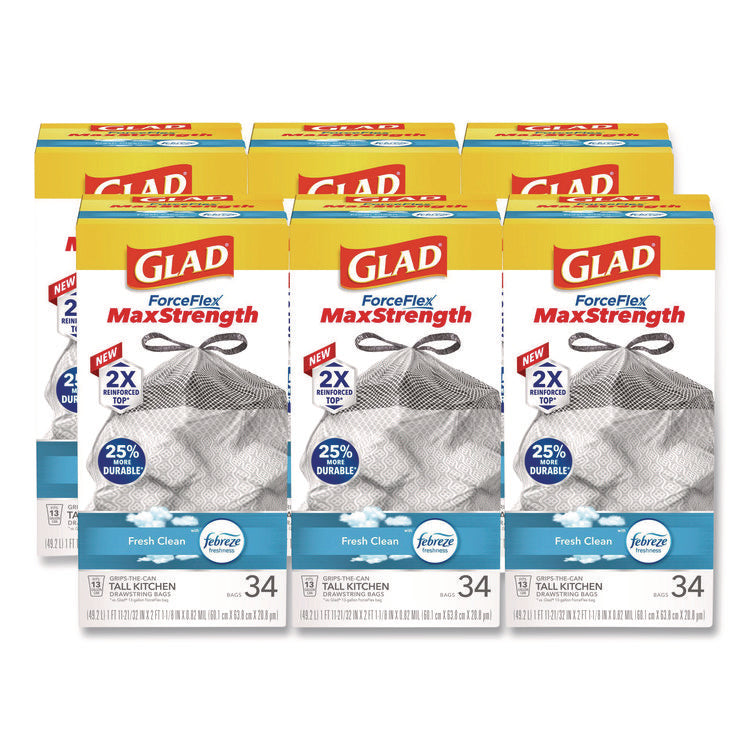 ForceFlex MaxStrength Tall Kitchen Drawstring Trash Bags, 13 gal, Fresh Clean Scent, 24 x 28, White, 34/Box, 6 Boxes/Carton