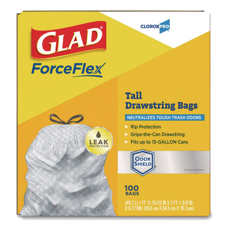CloroxPro ForceFlex Tall Kitchen Drawstring Trash Bags, 13 gal, 23.75 x 24.88, Gray, 100/Box