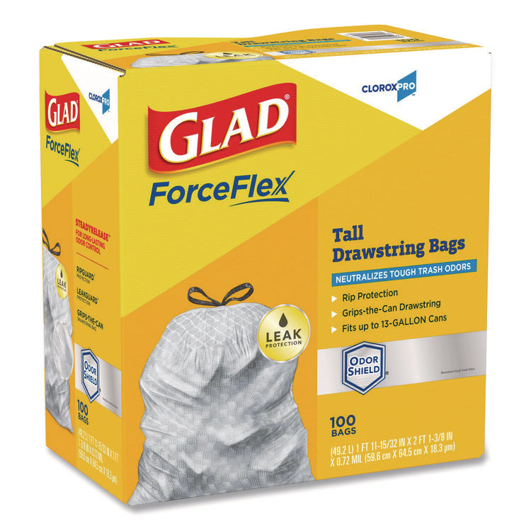 CloroxPro ForceFlex Tall Kitchen Drawstring Trash Bags, 13 gal, 23.75 x 24.88, Gray, 100/Box