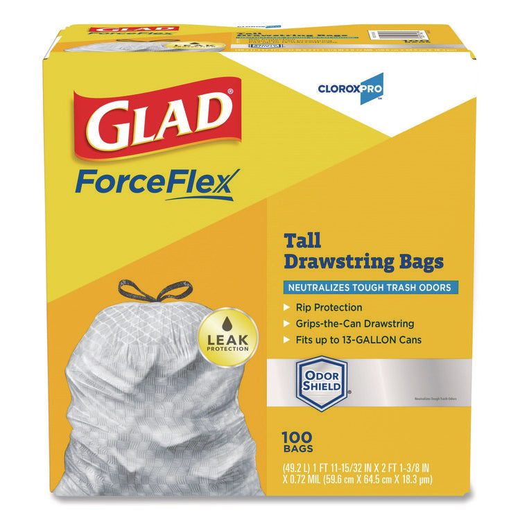 CloroxPro ForceFlex Tall Kitchen Drawstring Trash Bags, 13 gal, 23.75 x 24.88, Gray, 100/Box