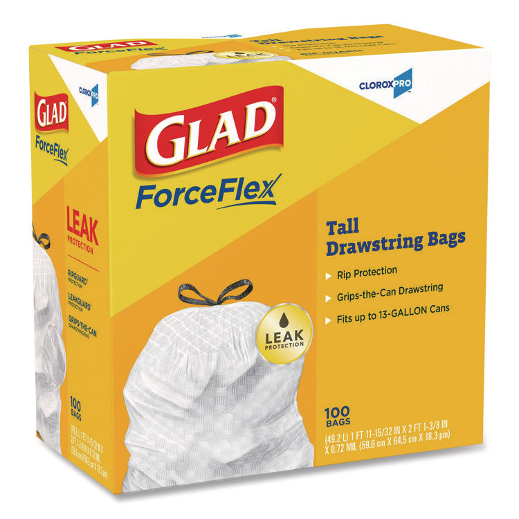 CloroxPro ForceFlex Tall Kitchen Drawstring Trash Bags, 13 gal, 24 x 27.38, Gray, 100/Box
