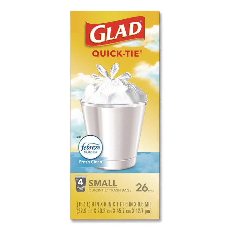 OdorShield Quick-Tie Small Trash Bags, Tie-Flap, 4 gal, Febreze Fresh Clean Scent, 8 x 18, White, 26 Bags/Box, 6 Boxes/Carton