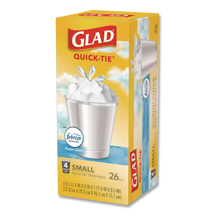 OdorShield Quick-Tie Small Trash Bags, Tie-Flap, 4 gal, Febreze Fresh Clean Scent, 8 x 18, White, 26 Bags/Box, 6 Boxes/Carton