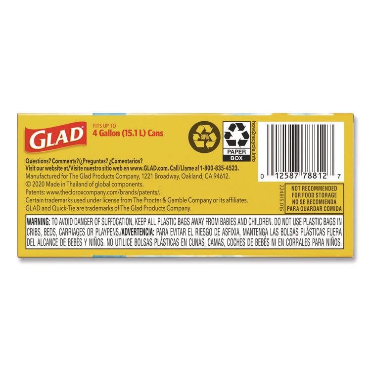 OdorShield Quick-Tie Small Trash Bags, Tie-Flap, 4 gal, Febreze Fresh Clean Scent, 8 x 18, White, 26 Bags/Box, 6 Boxes/Carton